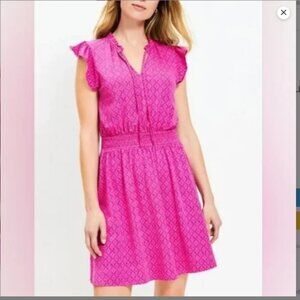 LOFT Floral Pink Split Tie Neck Ruffle Sleeves Mini Dress Medium